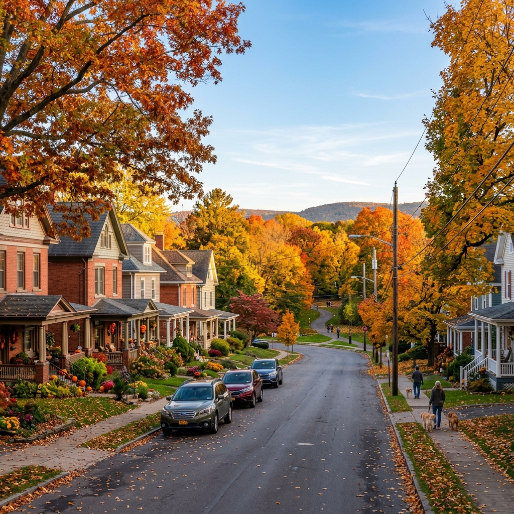 Tree-lined autumn streets of Binghamton NY neighborhood in Broome County